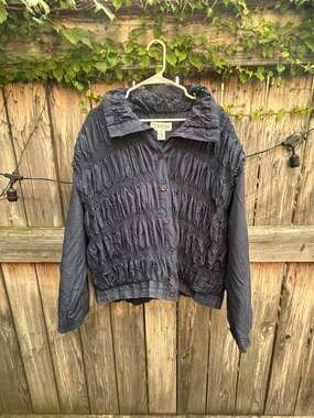 LAVON Vintage Navy Blue 100% Silk Ruched Button-Up Jacket